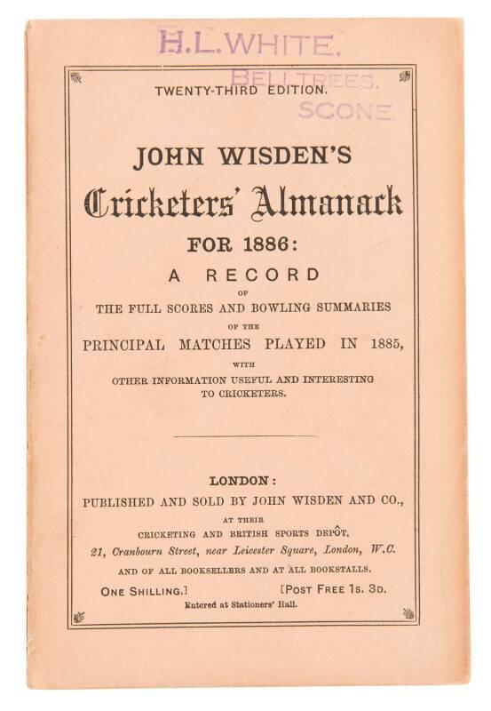 "Wisden Cricketers' Almanack for 1886", original paper wrappers. Good condition.