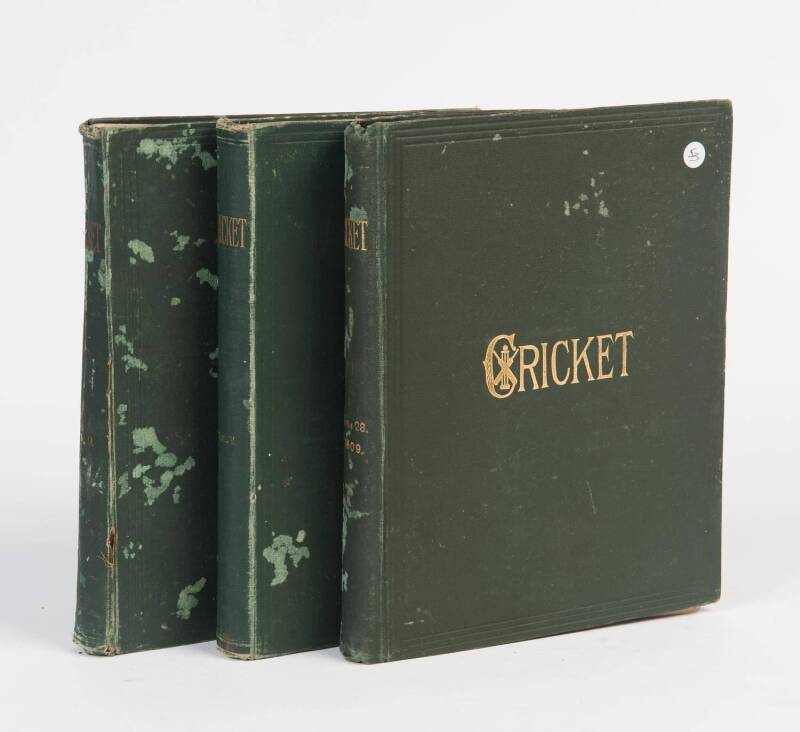 "Cricket: A Weekly Record of the Game", bound volumes V (1886), IX (1890) & XXVII (1909). Fair/Good condition.