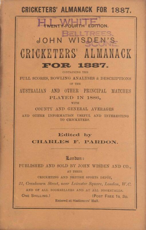 "Wisden Cricketers' Almanack for 1887", original paper wrappers. Fair/Good condition.