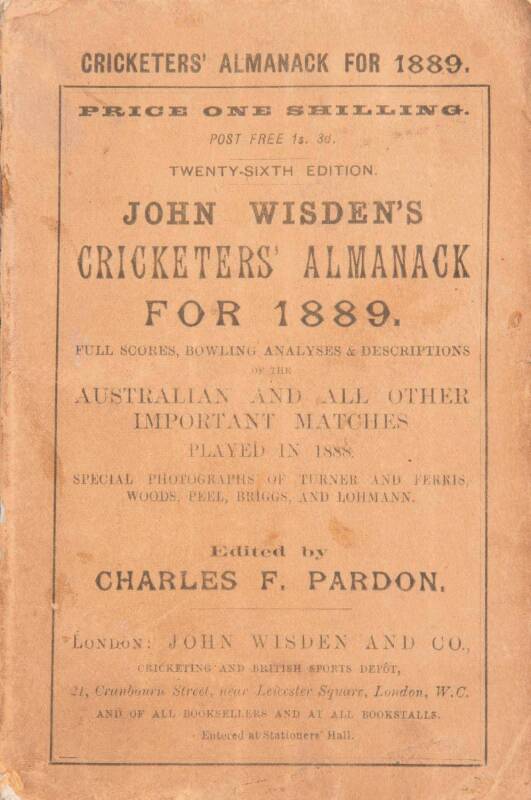 "Wisden Cricketers' Almanack for 1889", original paper wrappers. Fair/Good condition.