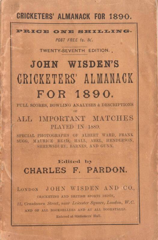 "Wisden Cricketers' Almanack for 1890", original paper wrappers. Fair/Good condition.