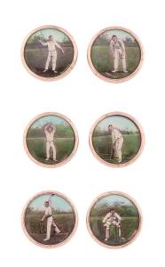 c1890-1905 Victorian cricket buttons, set of six, each button featuring a colour image of a cricketer.