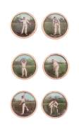 c1890-1905 Victorian cricket buttons, set of six, each button featuring a colour image of a cricketer.