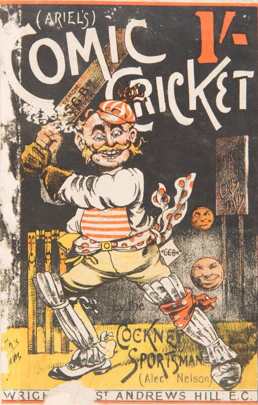 "Comic Cricket, by the Cockney Sportsman (Alec Nelson), With Illustrations by Chris Davis" [London, 1891], rebound in maroon cloth, preserving original pictorial boards. Fair condition. Padwick 6831.