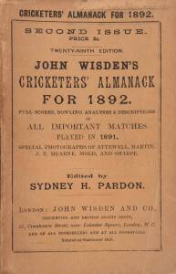 "Wisden Cricketers' Almanack for 1892", original paper wrappers. Fair/Good condition.