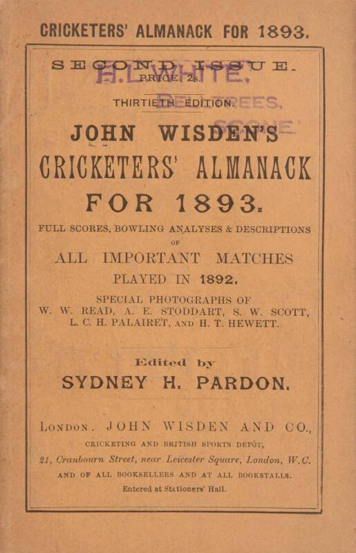 "Wisden Cricketers' Almanack for 1893", original paper wrappers. Good condition.