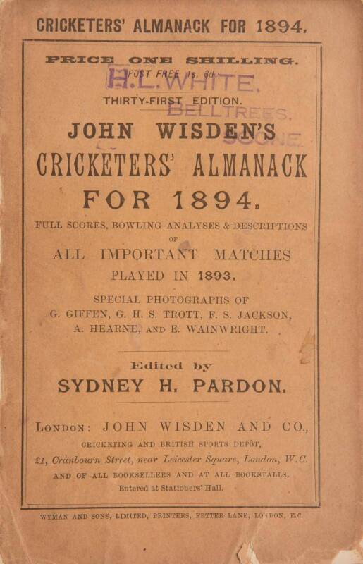 "Wisden Cricketers' Almanack for 1894", original paper wrappers. Fair/Good condition.