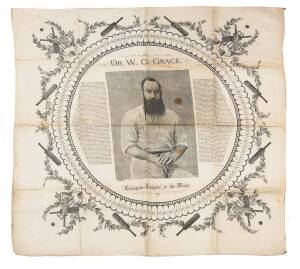 "DR.W.G.GRACE, Champion Cricketer of the World", c1895 linen handkerchief, printed with portrait of W.G.Grace, biography, and record of his Century of Centuries, size 59x59cm..