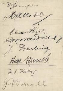 1899 AUSTRALIAN TEAM, pages (2) with 12 signatures including Victor Trumper, Monty Noble, Clem Hill, Ben Wardill (manager), Joe Darling (captain), Hugh Trumble, J.J.Kelly, Jack Worrall, Charles McLeod, Ernie Jones & Frank Laver.