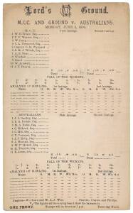 1899 scorecard "Lord's Ground. M.C.C. and Ground v Australians, Monday, June 5, 1899". Players include W.G.Grace, A.E.Trott, Joe Darling & Victor Trumper.