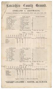 1899 scorecard for 4th Test, "Lancashire County Ground. England v Australia. Monday, Tuesday & Wednesday, July 17th, 18th & 19th 1899". Players include Archie MacLaren, Tom Hayward (130), Joe Darling & Victor Trumper.