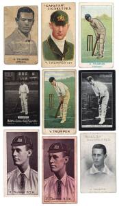 VICTOR TRUMPER: c1901-12 cricket cards showing Victor Trumper, noted Wills 1901 (trimmed), 1903, 1905, 1907 & 1911; 1904 Ogdens Guinea Gold; 1905 Sniders & Abrahams (2 shades); 1912 F.& J.Smith. Mainly G/VG.