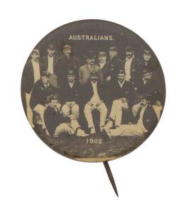 c1902 badge "Australians 1902" with photo of cricket team, 35mm diameter.