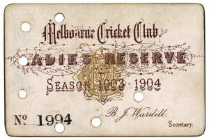 MELBOURNE CRICKET CLUB: 1903-04 Ladies Reserve Season Ticket, "Melbourne Cricket Club, Ladies Reserve, Season 1903-1904. No.1994", with hole punched for each day attended. Good condition.