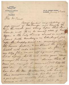 VICTOR TRUMPER: Rare 2pp letter to Victor Trumper from an admirer in Glasgow, dated January 11th 1905, interesting content regarding cricket & rugby.