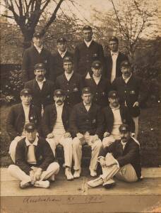 1905 AUSTRALIAN TEAM, team photograph with players wearing their Australian caps & blazers, by Campbell & Gray, London, endorsed on reverse "To Arthur Wriser, With Joe Darling's Compliments 22/2/08", framed, overall 32x40cm.