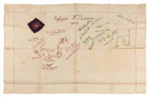 1905 AUSTRALIAN TOUR TO ENGLAND: Irish linen tablecloth embroidered "England v Australia 1905" and with embroidered signatures of English & Australian teams (would have to been signed to assist embroidery!)