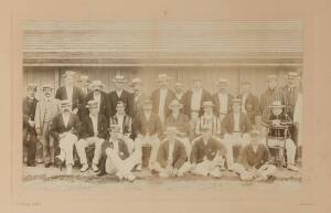 1905 AUSTRALIAN TOUR TO ENGLAND: Original teams photograph Australia v Lancashire, by Midwinter & Co., Bristol, the Australian cricketers (including Victor Trumper) wearing their Australian blazers and straw boaters with Australian hat-bands, overall 44x3