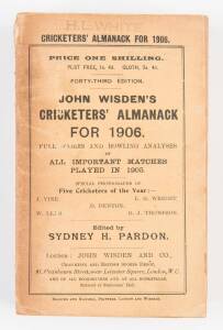 "Wisden Cricketers' Almanack for 1906", original paper wrappers. Fair/Good condition.