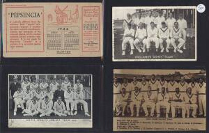 CRICKET GROUP, noted postcards (3) with team photos of South Africa 1907, England 1926 & West Indies 1950s; 1932 cricket theme blotter; autograph page signed by cricket writer E.W.Ballantine.