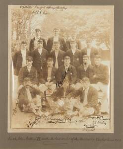 1909 AUSTRALIAN TEAM, team photograph with players wearing their Australian caps & blazers, with 16 signatures - Bill Whitty, Vernon Ransford, Warren Bardsley, Hanson Carter, Peter McAlister, Monty Noble, Victor Trumper, Syd Gregory, Bert Hopkins, Charlie