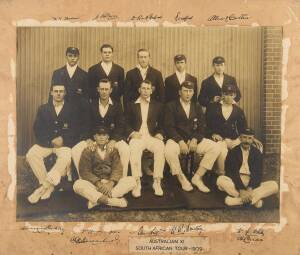 1910-11 AUSTRALIAN TEAM, team photograph with title "Australian XI, South African Tour - 1909" affixed to mount (incorrect year), plus facsimile autographs printed on mount, framed & glazed, overall 70x61cm. {The South African team was the first team not 