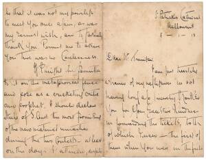 VICTOR TRUMPER: 4pp Letter to Victor Trumper from Father Lonergan (who married Vic & his wife Sarah - J.J.Kelly's sister), dated 8th Jan 1911, with intersecting cricket content.