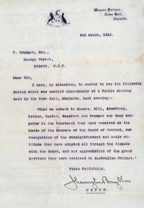 "BIG 6": Letter to Victor Trumper from Adelaide Mayor John Lavington Bonython, dated 2nd March 1912, noting "that we extend to Messrs Hill, Armstrong, Cotter, Carter, Ransford and Trumper our deepest sympathy in the treatment they have received at the han