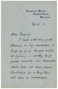 VICTOR TRUMPER: 3pp Letter to Victor Trumper from J.G.Nicol, dated Feb.16 1913, with interesting content re his Testimonial benefit match.