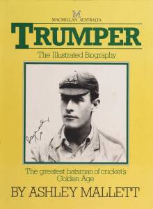 VICTOR TRUMPER: Promotional poster for book, "Trumper - The Illustrated Biography" by Ashley Mallett, signed by Mallet, mounted on board, overall 36x49cm.