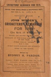 "Wisden Cricketers' Almanack for 1919", original paper wrappers. Fair/Good condition.