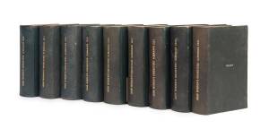 "Wisden Cricketers' Almanack" for 1921, 1922, 1925, 1927, 1928, 1929, 1930, 1931 & 1932. Each bound (without wrappers) in black leather with gilt "RUGBY" on front cover and title on spine, and gilt edges to pages. Also each with Rugby School bookplate on 