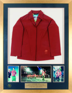 Sydney 2000 Australian Olympic Opening Ceremony Blazer, attractively window mounted with signed photographs by Australian flag bearer Andrew Gaze, athlete's oath reader Rechelle Hawkes & Ian Thorpe, limited edition 12/100, framed & glazed, overall 98x129c
