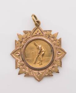 9ct gold fob/medal decorated with cricketer, engraved on reverse "KICC, Presented to, J.J.Simonton. Premiers 1923-4". Made by Willis & Sons.