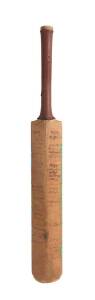 BILL PONSFORD'S CRICKET BAT: Full size Cricket Bat, signed on reverse by 1924-25 Australian & English teams, and other Test cricketers to 1934, with a total of c50 signatures (some faded) including Percy Chapman, Jack Hobbs, Maurice Tate, Douglas Jardine,