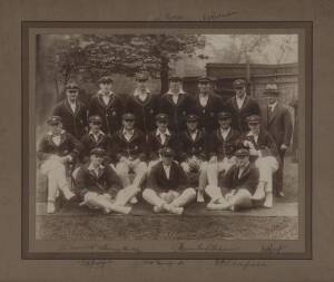 1926 AUSTRALIAN TEAM, team photograph, with 16 signatures on mount or photograph - John Ellis, 'Stork' Hendry, Jack Gregory, Jack Ryder, Arthur Richardson, Sam Everett, Sydney Smith (manager), Clarrie Grimmett, Bill Woodfull, Warren Bardsley, Herbie Colli