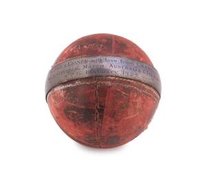 CHARLIE MACARTNEY: Cricket Ball with silver-plated band, engraved "To Pop & Lionel, with love from CHARL., My Testimonial Match - Australia v The Rest, S.C.G. February 1927". [Charlie Macartney played 35 Tests 1907-26].