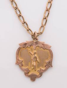 9ct gold fob/medal decorated with cricketer, with gold chain, medal engraved on reverse "A.C.C., Presented by W.Weston, Won by J.Long, Best Bowling Av., Season 1928-29". Made by Willis.