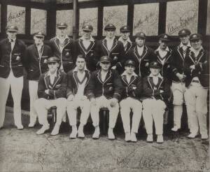 1930 AUSTRALIAN TEAM, original team photograph, signed on the photograph above and below players, 15 signatures including Bill Woodfull, Victor Richardson & Don Bradman; window mounted, framed & glazed, overall 44x41cm. Excellent condition, with signature