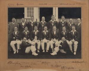 1930 AUSTRALIAN TEAM, team photograph, with 17 signatures on the mount including Bill Woodfull, Victor Richardson, Archie Jackson & Don Bradman; laminated & framed, overall 37x30cm.