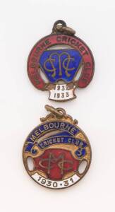 MELBOURNE CRICKET CLUB, membership badges for 1930-31 No.4582 & 1932-33 No.4512. Fair/Good condition.