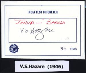 INDIAN TEST PLAYERS: Collection of signed cards c1932-2006, noted V.S.Hazare, A.Wadekar, P.R. Umrigar, M.J.Gopalan, V.V.S.Laxman, C.G. Borde & B.S.Chandrashekar.