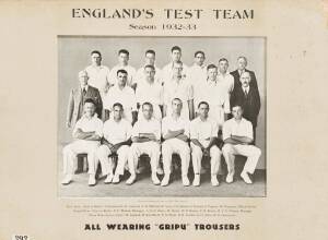 1932-33 BODYLINE SERIES: Advertising card "England's Test Team, Season 1932-33, All Wearing 'Gripu' Trousers"; plus four window mounted magazine pages with cricket scenes.