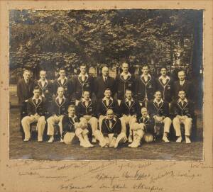 1934 AUSTRALIAN TEAM, original team photograph, signed by the entire team on mount below photograph, 19 signatures including Don Bradman, Bill Woodfull, Clarrie Grimmett & Bill Ponsford, window mounted (minor tone spots), framed & glazed, overall 54x49cm.