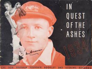 DON BRADMAN, folder that includes 10 signed items - "In Quest of the Ashes 1934"; State Library of SA booklets "The Bradman Collection" (2); book "Our Don Bradman - The Don at the SCG"; Bradman Museum brochure; 1998 South Africa v Bradman XI programme; fl