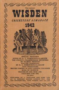 "Wisden Cricketers' Almanack for 1942" , buff linen covers. Good condition. Scarce wartime issue.