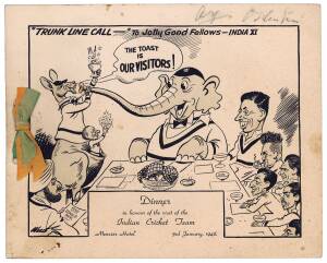 1948 menu, "Dinner in honour of the visit of the Indian Cricket Team, Menzies Hotel, 3rd January 1948", with Wells cartoon on front, and c46 signatures inside including Don Bradman, Ray Lindwall, Bill Brown & Lala Armanath.