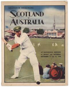 1948 AUSTRALIAN "INVINCIBLES" TOUR OF ENGLAND, rare programme "Scotland v Australia" at Aberdeen, with colourful cover featuring Bradman batting. Very rare (Bradman's last game in UK). Good condition. Ex Ron Hamence collection.