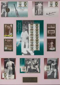 DON BRADMAN, 1997 Australia Post "Australian Legends - Sir Donald Bradman" display, comprising signed FDC, P.O.Pack, Coin FDC, stamp sheetlets & maxi cards; window mounted, framed and glazed, overall 55x71cm.