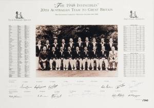 "THE 1948 INVINCIBLES, 20th AUSTRALIAN TEAM TO GREAT BRITAIN, 50th Anniversary Celebration - Adelaide, April 16th 1998", display comprising reprinted team photograph, with signatures of 10 surviving members on mount - Neil Harvey, Doug Ring, Bill Johnston